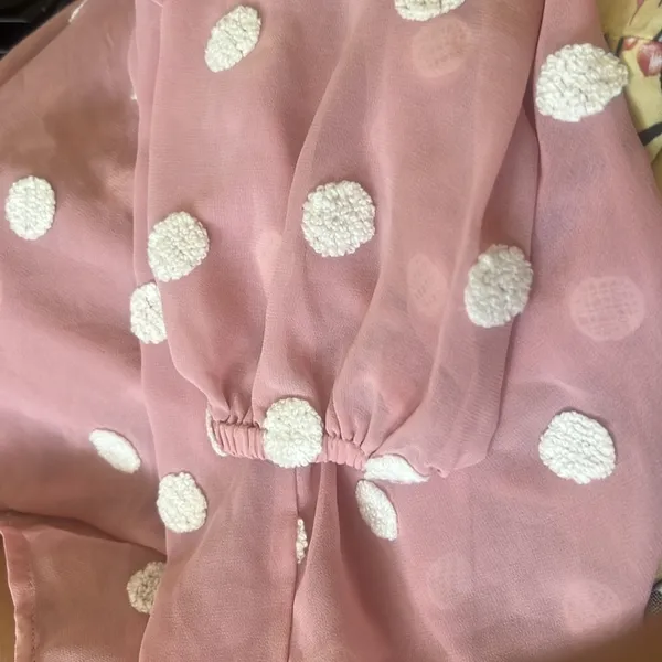 Elegant Sheer Blouse with White Polka‎ Dots Pink Size L - Image 4
