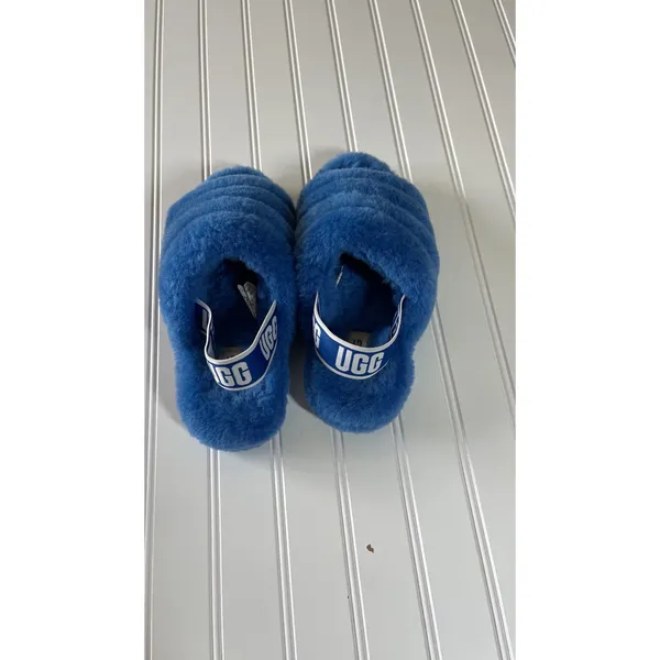 UGG Fluff Yeah Slides Royal Blue Sheepskin Platform Sandals Almost New Womens 7 - Image 5