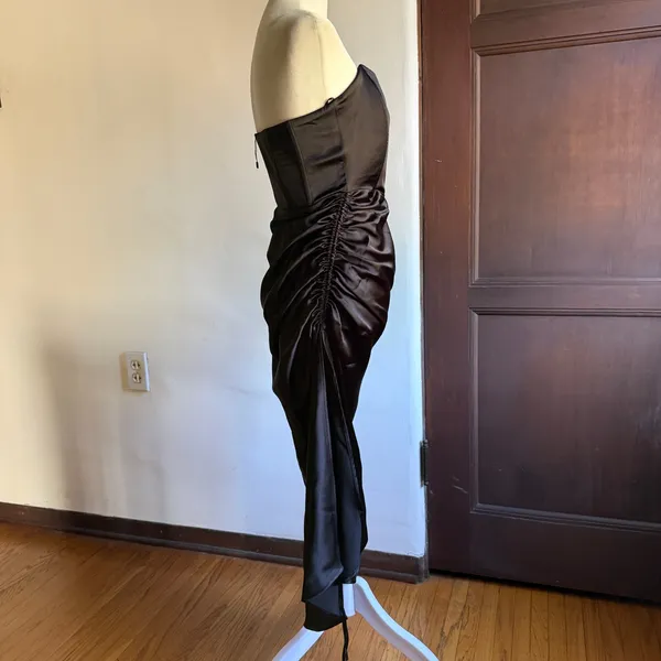 ZARA | Black Satin Corset Top Ruched Midi Skirt with Slit Cocktail Dress | Small - Image 4