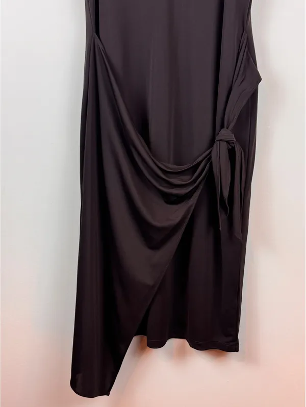 Lauren Ralph Lauren Chocolate Brown Draped Tie Side Asymmetrical Midi Dress M - Image 9