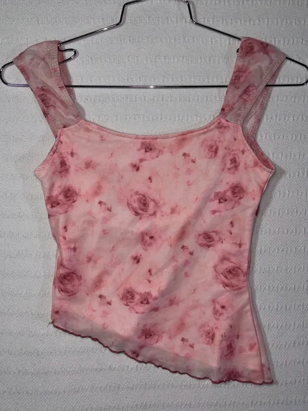 Womens Y2K Coquette Floral Asymmetrical Tank Top Size S Pink Ballet Fairy Girly - Image 2
