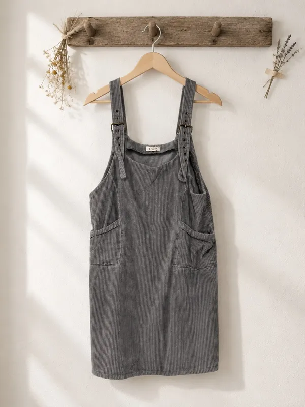 POL Washed Gray Corduroy Pinafore Mini Dress - Image 3