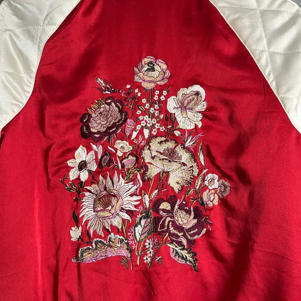 Vintage American Eagle Red Embroidered Bomber Jacket Floral Quilted Streetwear M - Image 4