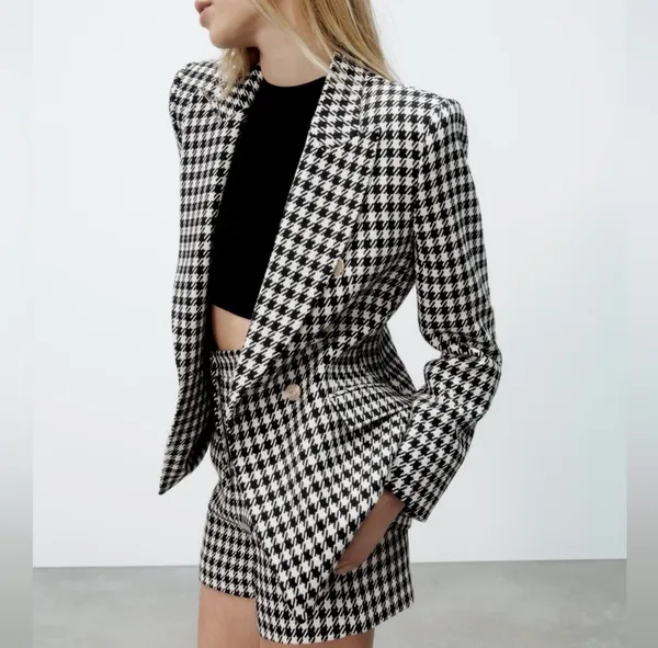 Zara houndstooth double breasted gold button oversized blazer jacket M  - Image 2