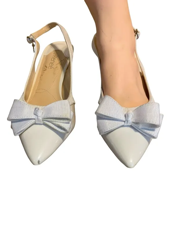 J. Renee White Faux Leather & Cloth Sling Back Kitten Heel Shoes (11w) - Image 2