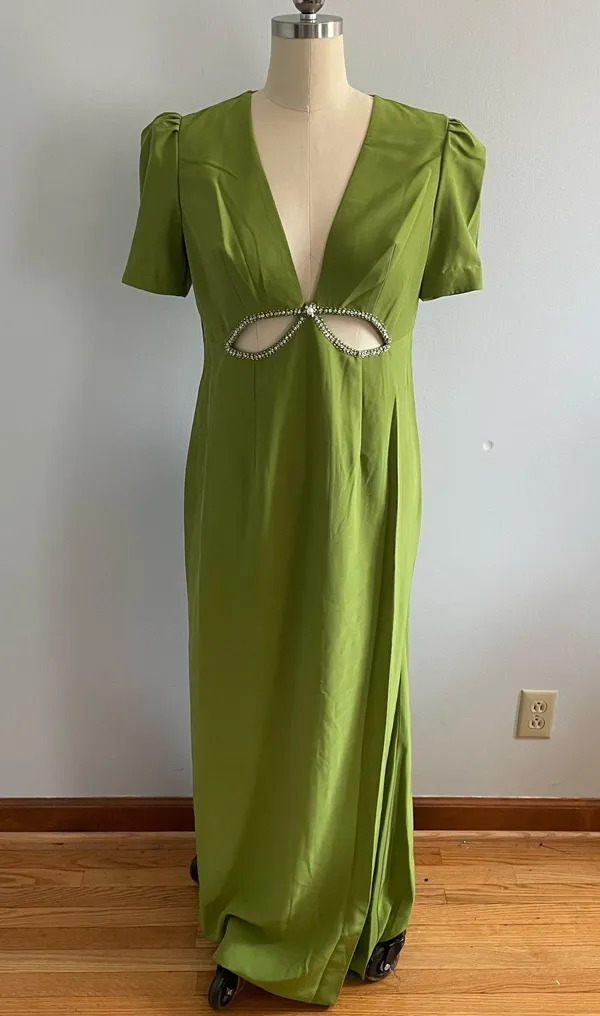 Mac Duggal Plunge Neck Puff Sleeve Cut Out Gown- Green Apple- Size 10- NWT - Image 4
