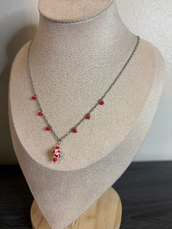 Handmade Red Floral Porcelain Charm Necklace | Waterproof & Tarnish Resistant - Image 4