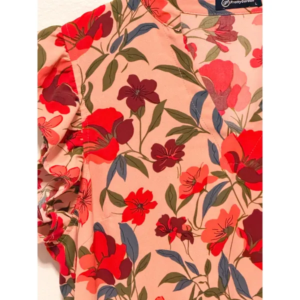 PrettyGarden Floral Dress Sz L Midi Tiered Flutter Sleeve Pockets Boho Summer - Image 4