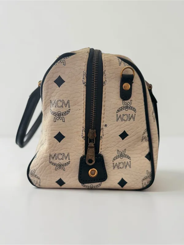 MCM Vintage Visetos Boston Satchel Ivory Black Monogram Top Handle Bag - Image 3