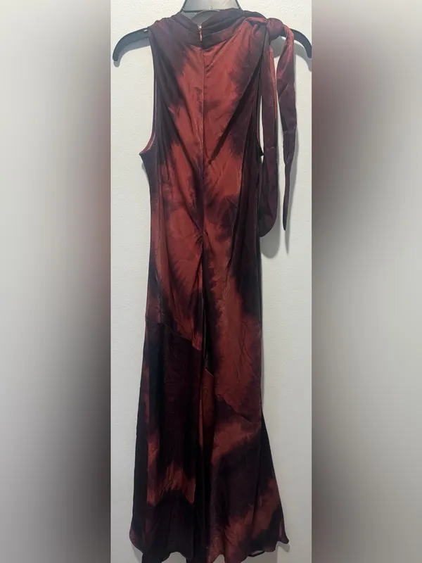 DKNY Sleeveless Tie-Neck Midi Dress in Burgundy and Coral Wash - Image 7