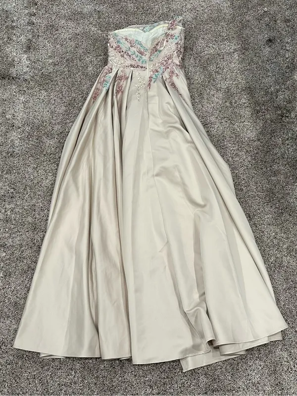 Mac Duggal 37012 Beige One Shoulder Embellished Gown With Train Sz 4 - Image 9
