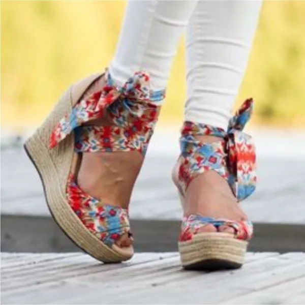 UGG Lucianna Marrakesh Ikat‎ Ribbon Tie Espadrille Wedge Sandals 9.5 - Image 7