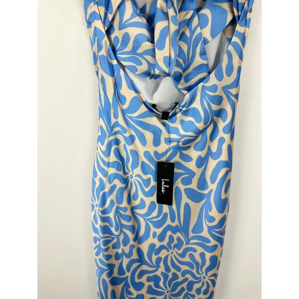 Lulus Midiana Light Blue Abstract Floral Tie Back Midi Dress Party Satin XS NWT - Image 11
