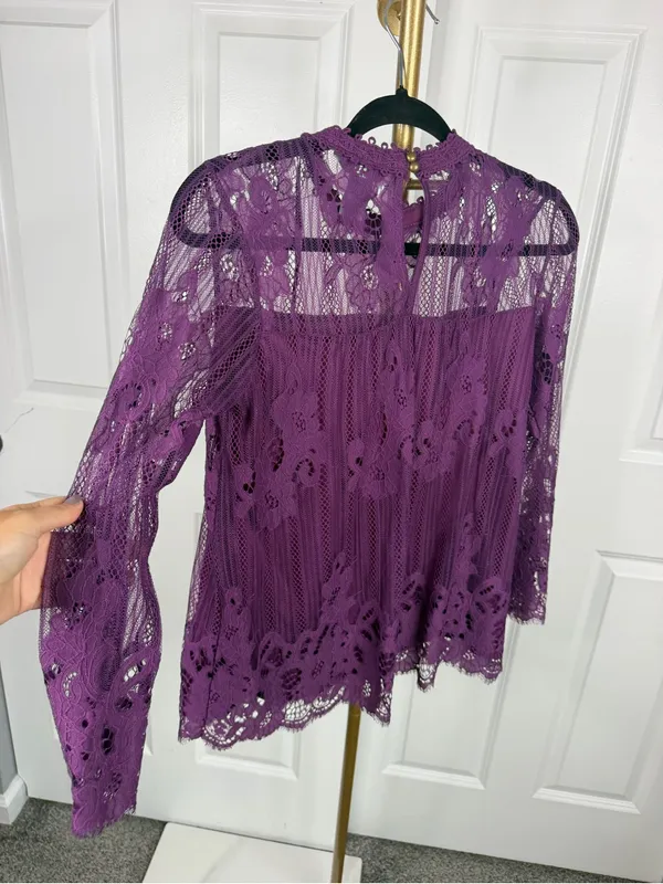 Ophelia Roe Purple Floral Lace Bell Sleeve Blouse Size S NWOT - Image 12