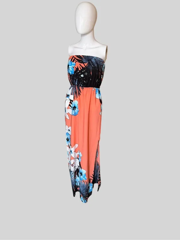 Tyche Coral Strapless Floral Maxi Dress with Blue Accents - Image 2