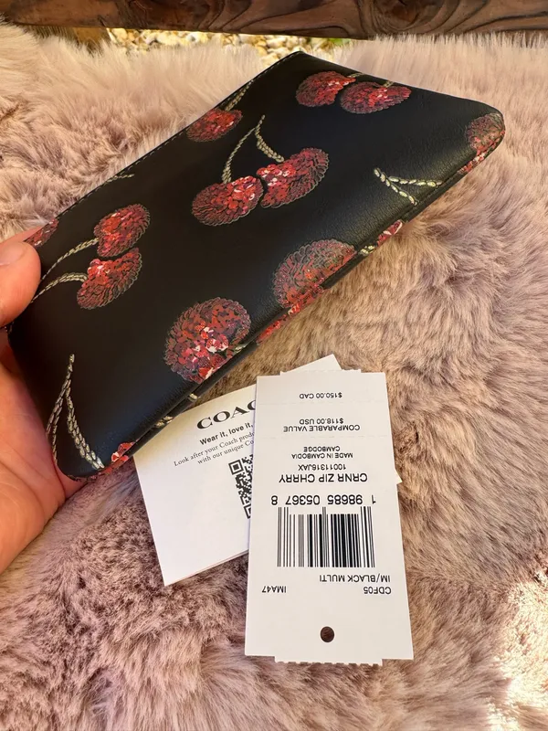 NWT Coach CDF05 Corner Zip Wristlet With Cherry Print Smooth Leather Black Multi - Image 3