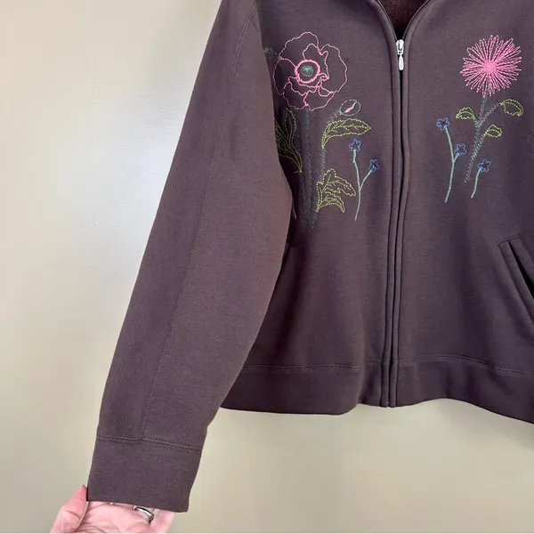 Artisans Brown Floral Embroidered Zip-Up Fleece Jacket Large Casual Cozy - Image 4