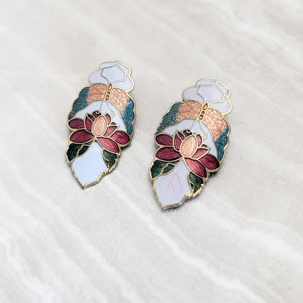 Vintage Clip On Earrings Cloisonné Flower Floral Statement - Image 2