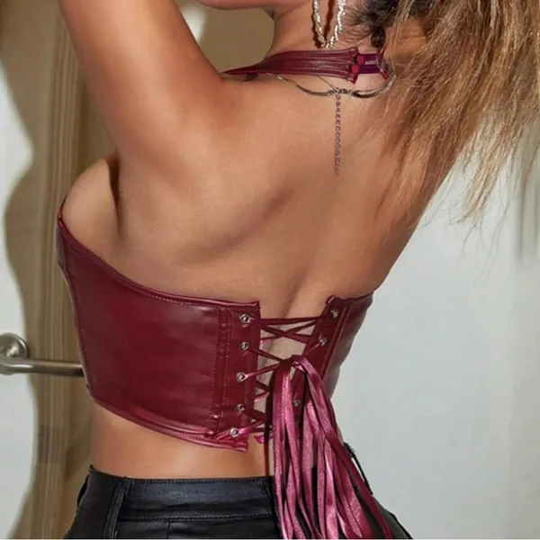 NWT Floerns PU‎ Leather Halter Hook Eye Backless Party Crop Top XS - Image 2