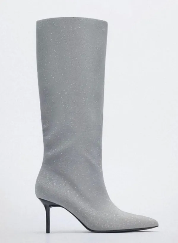 ZARA Silver Rhinestone Heeled Knee High Boots Heels - Image 4