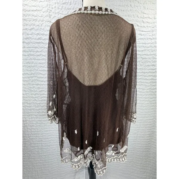 Sundance Brown Mesh Embroidered Tunic Top V-Neck 3/4 Sleeve Boho Floral Large - Image 4