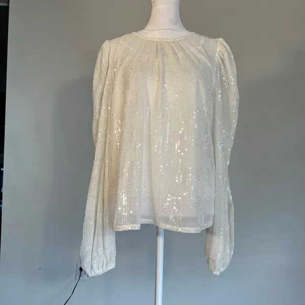 Eva Franco White Sequin Mesh Puff Sleeve Blouse SE10054AN Size S - Image 7