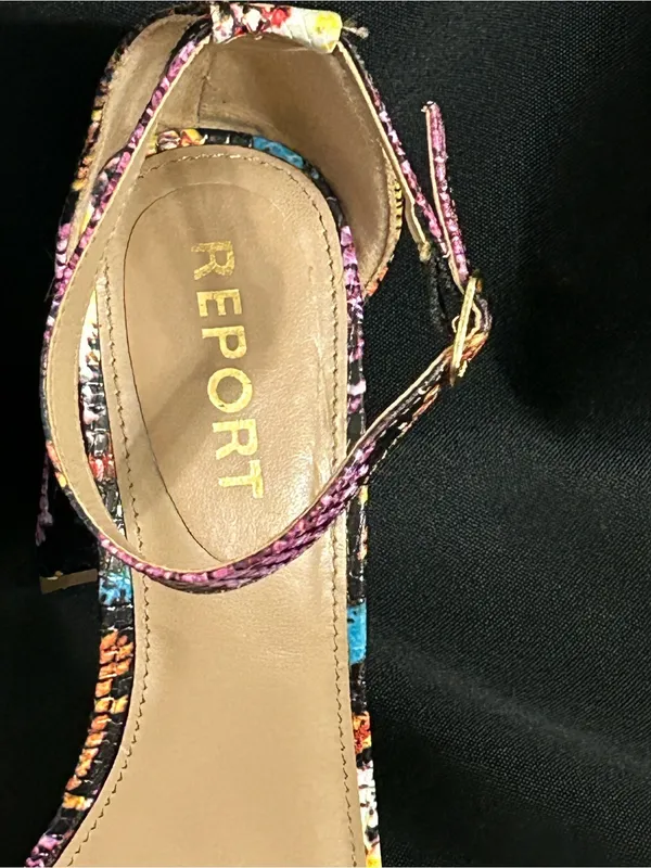 Report Multicolor Snakeskin Ankle-Strap Block Heel Sandal Pink/Yellow/Blue 8.5 - Image 3