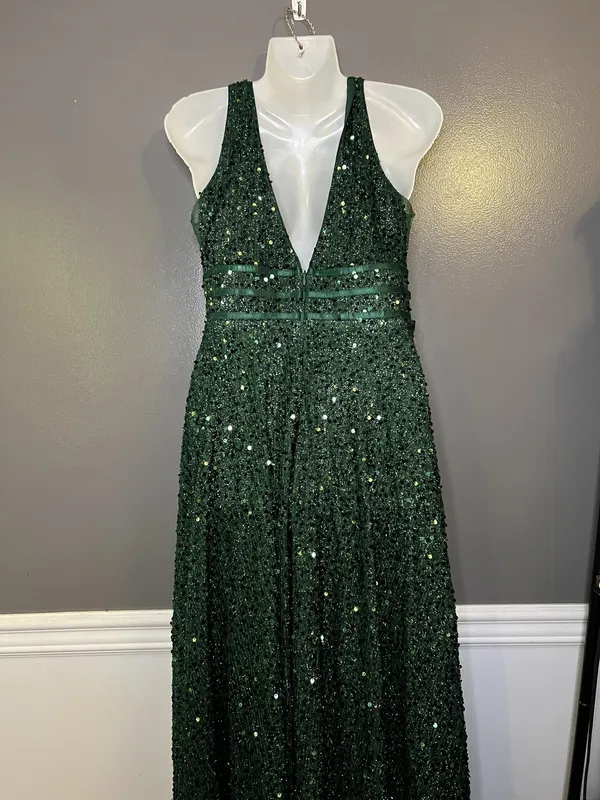 FAERIESTY Dress Womens Medium Green Sequin V-Neck Fit & Flare Maxi Formal Gown - Image 8