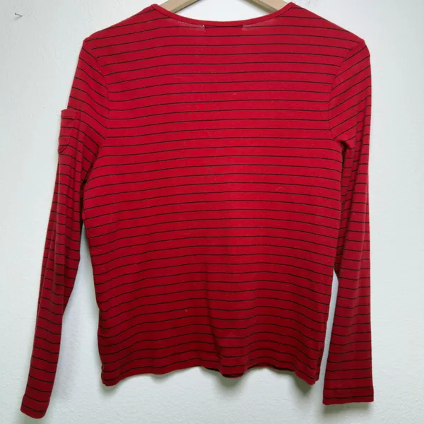 Lauren Ralph Lauren Women Cotton Top M Red Striped Long Sleeve Pocket‎ Preppy - Image 6