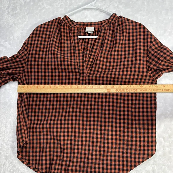 A New Day Balloon Sleeve Popover Top Blouse Womens S Plaid Black Orange Retro - Image 6