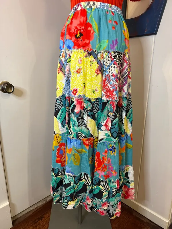 John Mark Teal Patchwork Floral Maxi Skirt with Bright Accents Sz M - Image 2