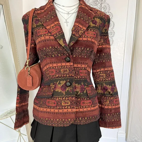 Evelyn Vintage Tapestry Style Blazer Jacket Rust Orange Floral Woven Design S - Image 3