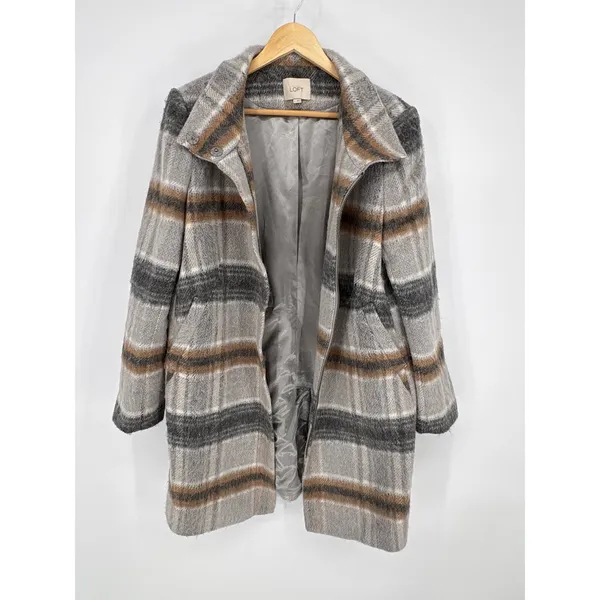 LOFT Womens Large Plaid Wool Blend Coat Stand Collar Full Zip Jacket Gray Brown - Image 3