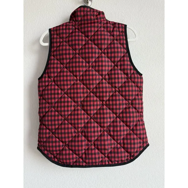 J.Crew Down Puffer Vest Womens Small Black‎ Red Gingham Printed Quilted Full Zip - Image 6