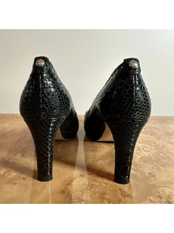 Stuart Weitzman Black Patent Reptile Embossed Peep Toe Pumps Heels 8 N - Image 3