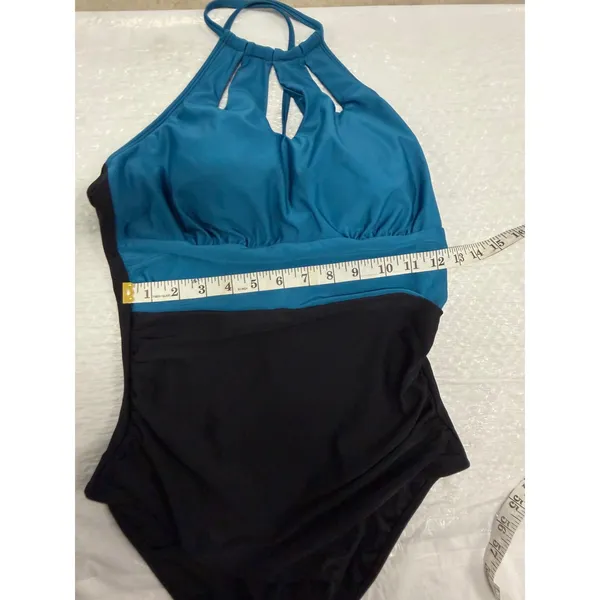 Cupshe Teal Black Colorblock Halter‎ Keyhole One Piece Swimsuit NWT Size M - Image 3