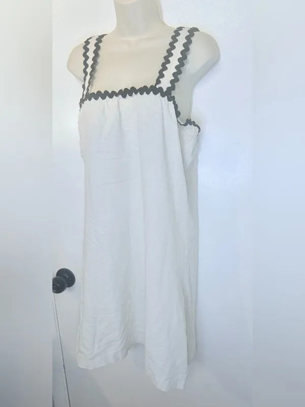 4our Dreamers Size L Cream Linen Blend Dress Black Rickrack Trim Square Neck NWT - Image 4