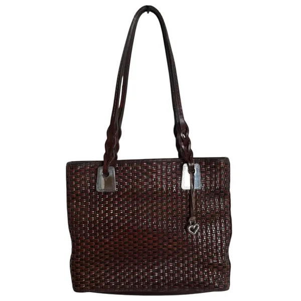 Brighton Brown Leather Basket Weave Design Tote Handbag Purse‎ Vintage - Image 2