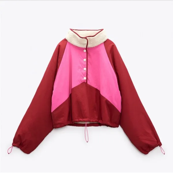 Zara Cropped Shearling Retro Colorblock Jacket M - Image 2