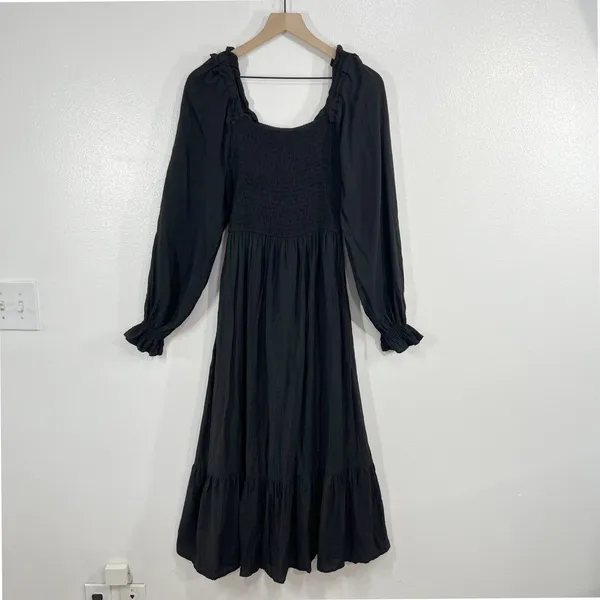 August Sky Smocked Maxi Dress S Black Long Sleeve Square Neck Cottagecore‎ Boho - Image 3