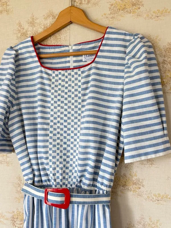 Vintage 80s Leslie Fay Blue White Striped Nautical Retro Belted Midi Dress - Image 2