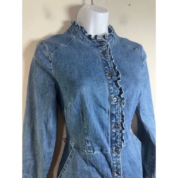 Boden Womens Blue Denim Ruffle Neck Button Front‎ Long Sleeve Shirt Dress US 4R - Image 4