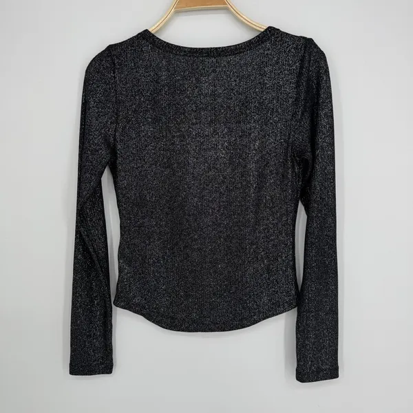 Anthropologie Pilcro Andie Ribbed Spotlight Henley Small Black Metallic Long Sleeve Goth Party - Image 7