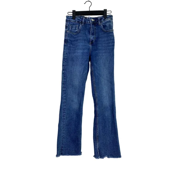 ZARA Flared High Rise Straight Leg Raw Hem Broken In Jean Zip 2 Dark Blue Wash - Image 11