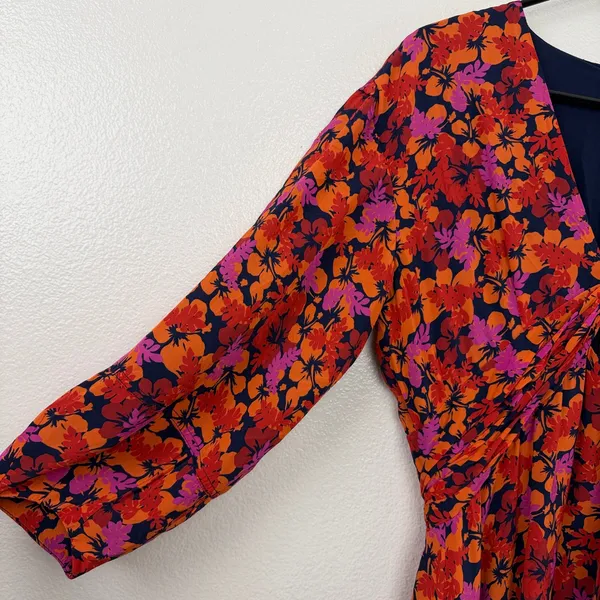 Derek Lam 10 Crosby Dress Womens 6 Orange Pink Floral Ruched Tiered Mini V-Neck - Image 3