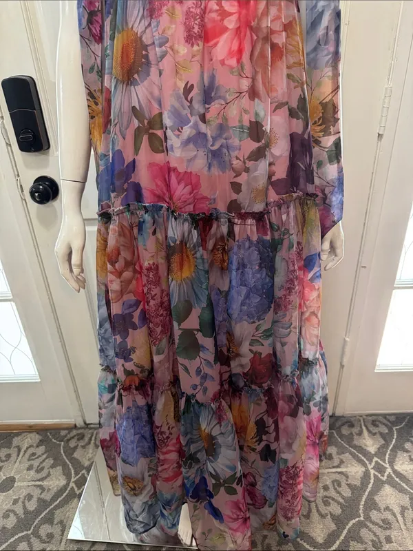 AUDREY PARKS+francesca's Floral Tiered Maxi Dress Tie Straps - Pink Multi S M - Image 4