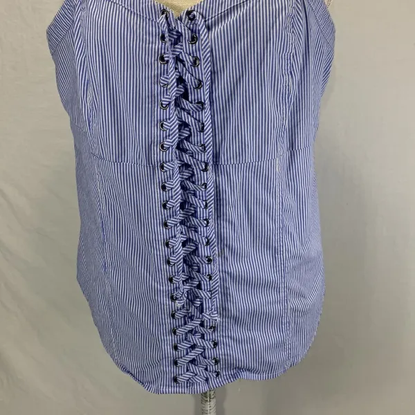 Striped Blue and White Poplin Lace Up Corset Tank Top Size 1X - Image 4