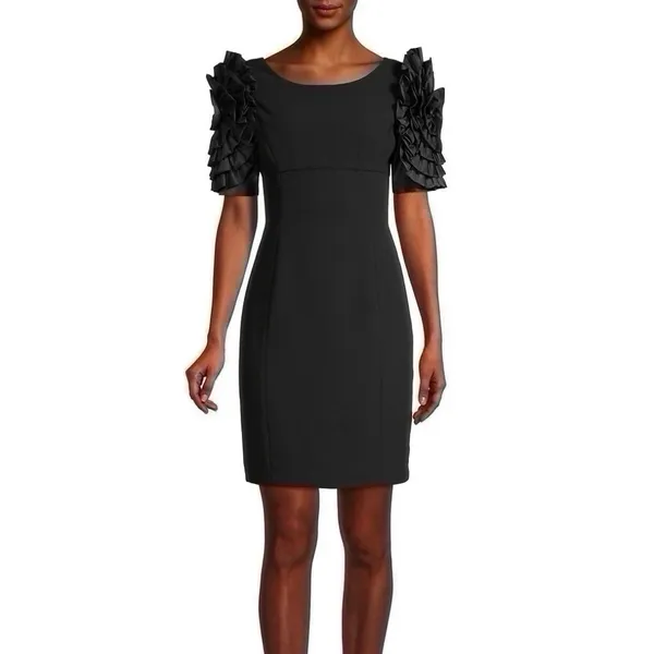 Shani Dramatic Rosette Sleeve Crepe Sheath Cocktail Dress Black - Image 5