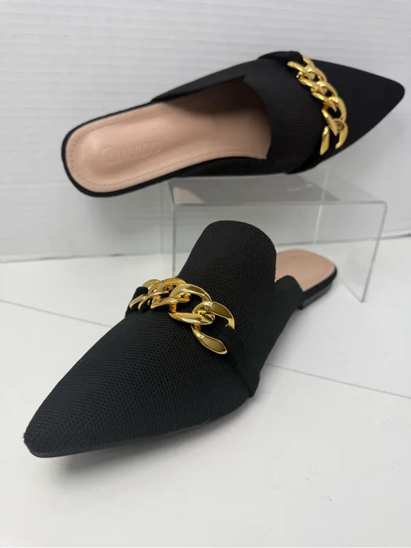 CUCCOO Black Pointed Toe Mule Flats Gold Chain EU 41 US 10-10.5 - Image 7