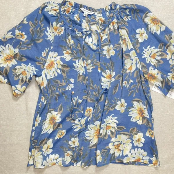 Counterparts | NWT Loyal Blue & Cream Floral Print Boho Blouse | Large - Image 3